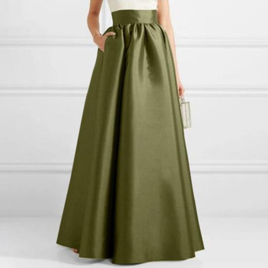 Femmes Automne Faux Satin Maxi Jupe A-ligne Longueur Au Sol Couleur Unie Taille Haute Poches Jupe Élégant Vintage Décontracté Surdimensionné Longue Robe Jupe