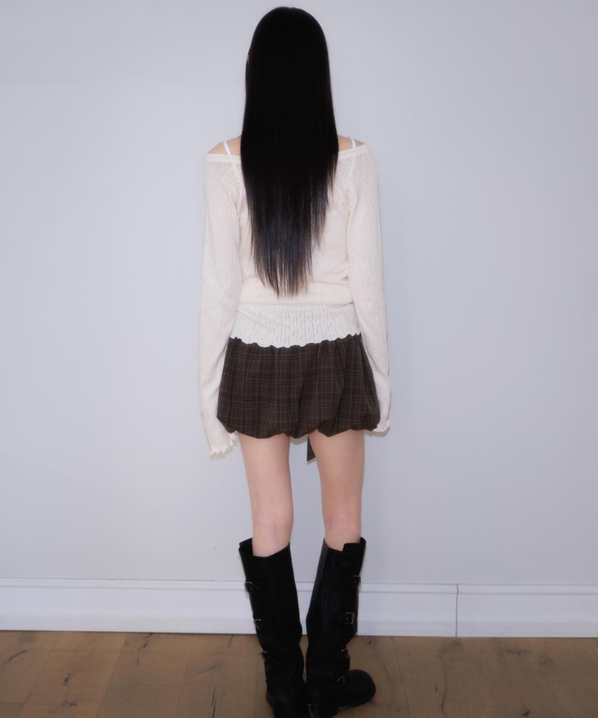 Rose Franz Balloon Check Belted Miniskirt [Brown]