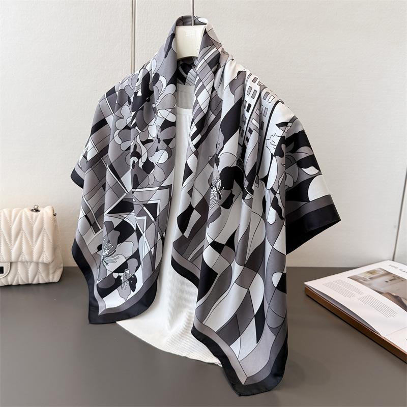 Luxury Women's Soft Satin Hair Scarves Fashion Square Geometric Printed Headscarf 90cm Professional Accessories Designer Scarf