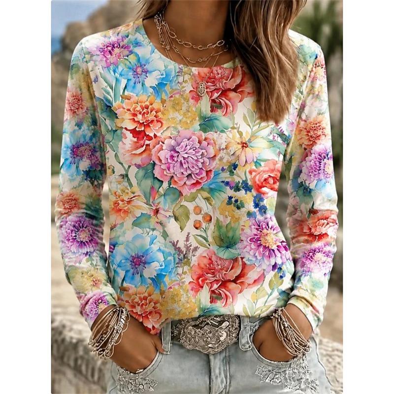 2026 Autumn New Women's Long-Sleeved Round Neck Casual T-Shirt with Colorful Floral Print Plant Elements Outdoor Chic Top