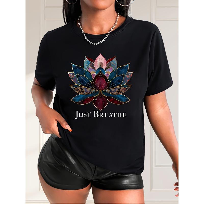 European Size Women's Floral Short-sleeved Color Lotus Print Round Neck Casual Style Summer T-shirt Fashion Commuter Vacation Daily All-match