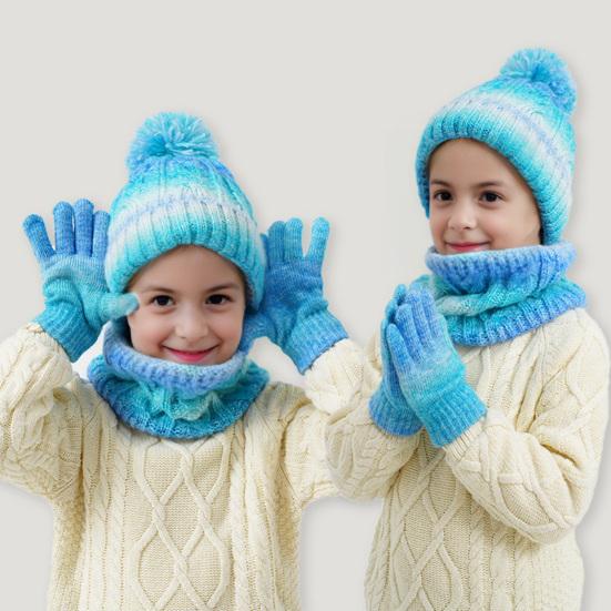 3Pcs/Set Kids Hat Scarf Gloves Set Rainbow Color Twist Texture Hat Thickened Plush Lining Neck Gaiter Knitted Gloves Set
