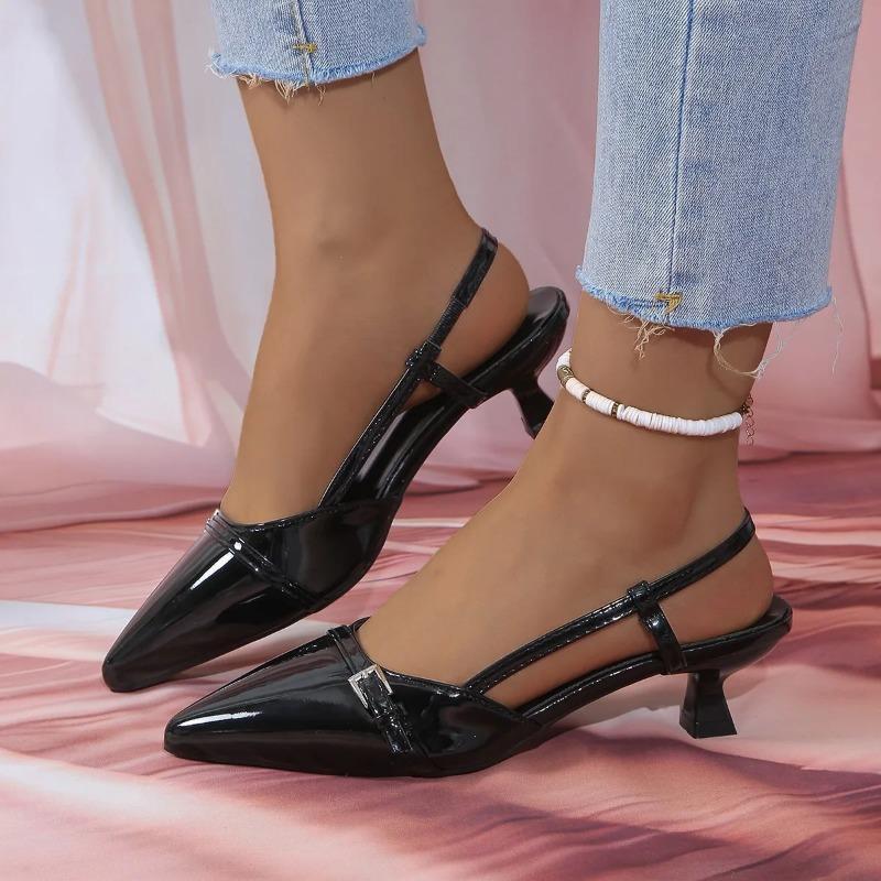 Nuevas Sandalias de Verano Francesas de Vino Tinto de Piel Patentada de Punta para Mujer Retro Tacón Fino Talón Trasero Vacío