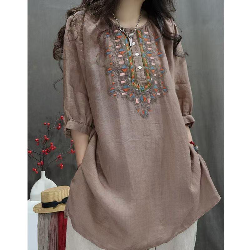 Summer Heavy-duty Retro Embroidered Shirt Mid-length Loose Cotton and Linen Style Shirt Casual Literary Pullover Top