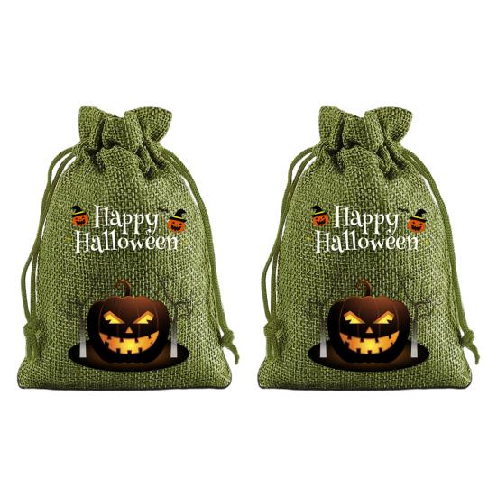 Halloween Party Supplies 2Pcs Pumpkin Drawstring Bags for Candy Treats, Retro Burlap Handmade Style Trick or Treat Bags, Portable Goodie Kids