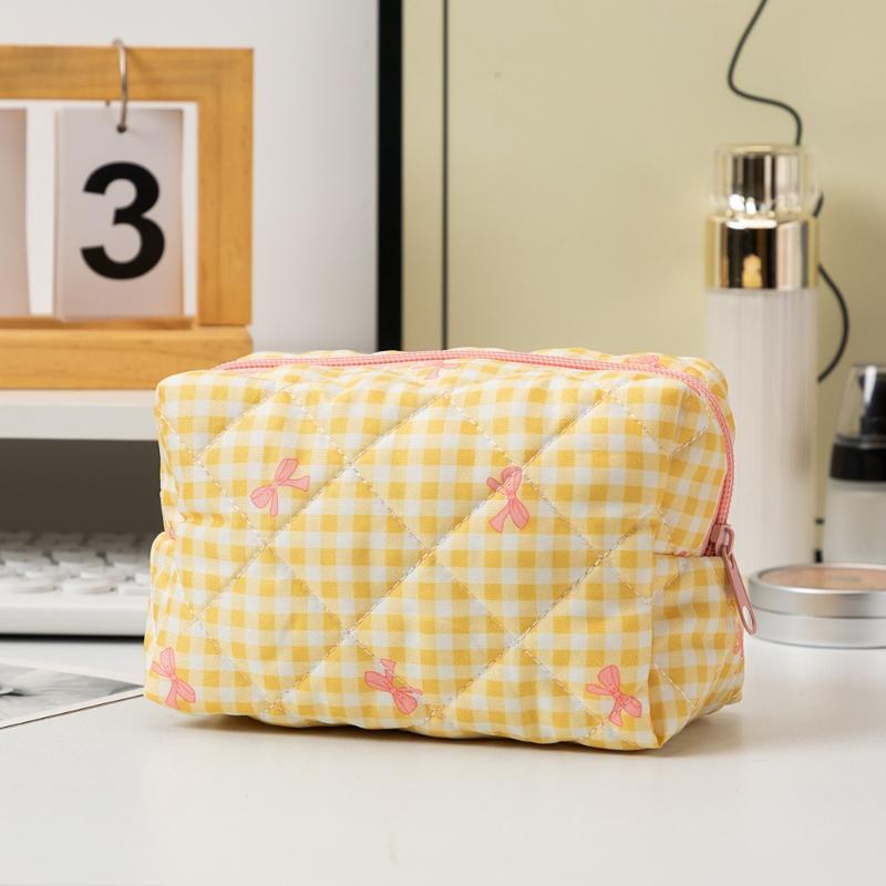 Large Capacity Plaid Bow Cosmetic Bag - Fashion Fresh Design | Portable Makeup Storage, Travel Wash Bag & Organizer Pouch