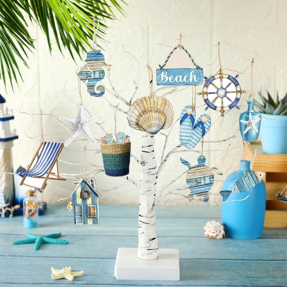 24pcs Starfish Seashell Ocean Themed Signs Ornament Wooden Sea Life Ornaments Home Bedroom Decor