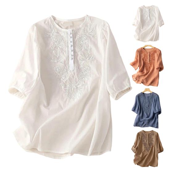 Ladies Top Embroidered Round Neck Elegant Short Sleeve Cotton Linen Vintage Embroidery