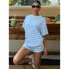 Summer Casual Striped Short Sleeve Tshirt And Shorts Lounge Set For Women