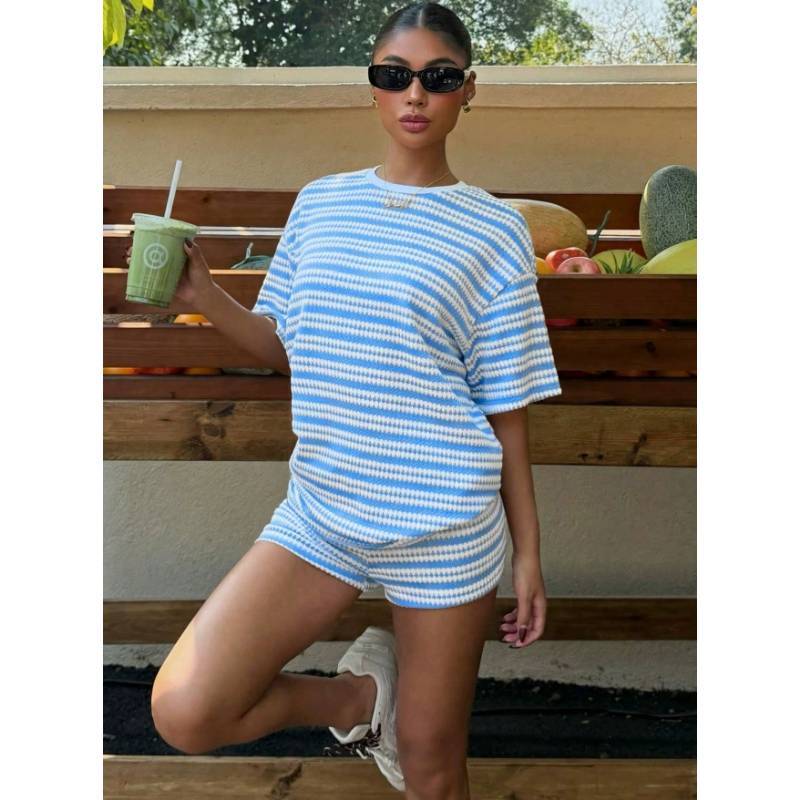 Summer Casual Striped Short Sleeve Tshirt And Shorts Lounge Set For Women