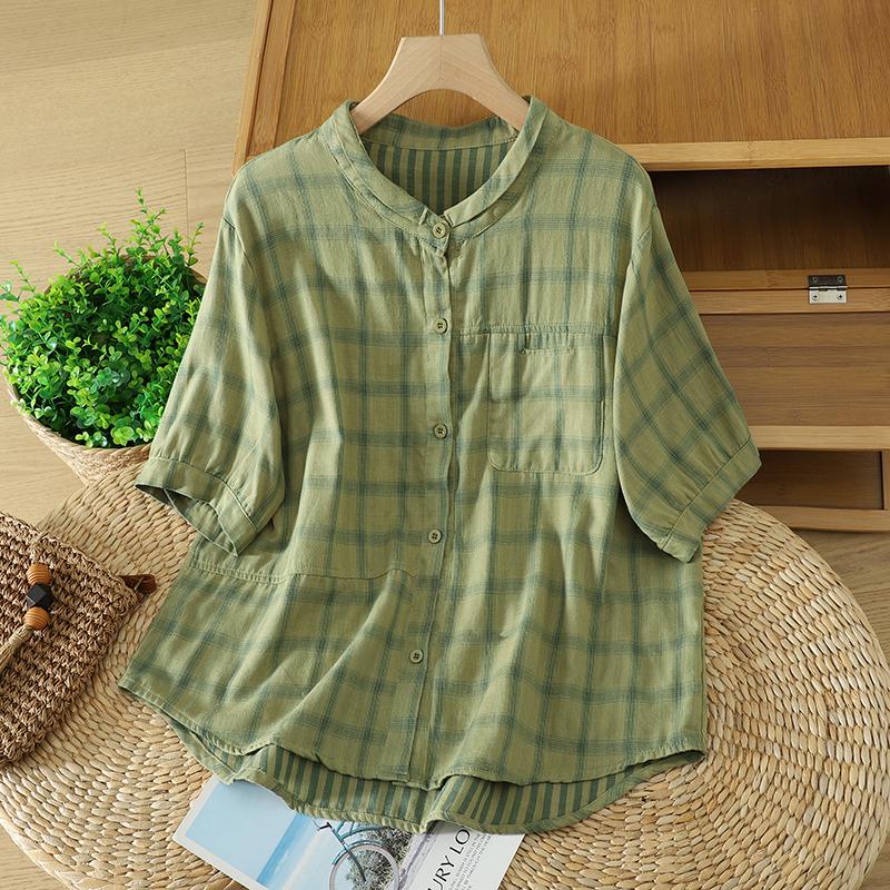 DIMANAF 2026 Plus Size Summer Women Blouse Shirts Tunic Oversize Loose Casual Cotton Lady Tops Vintage Plaid