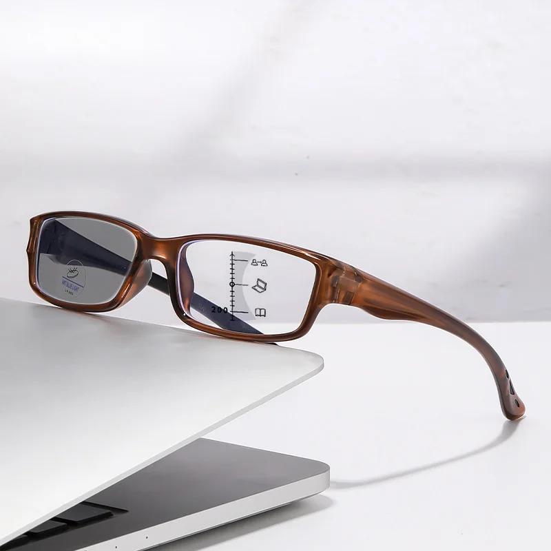 Unisex Retro Square Frame Multifocal Photochromic Presbyopia Glasses Business HD Blue Light Blocking Reading Glasses To +4.0