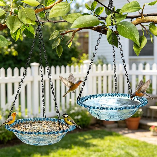 Vogelfutterspender mit abnehmbarer Schale Hängendes Vogelbad S-Haken-Design Vogelwanne Duschwanne für Garten Balkon Terrasse