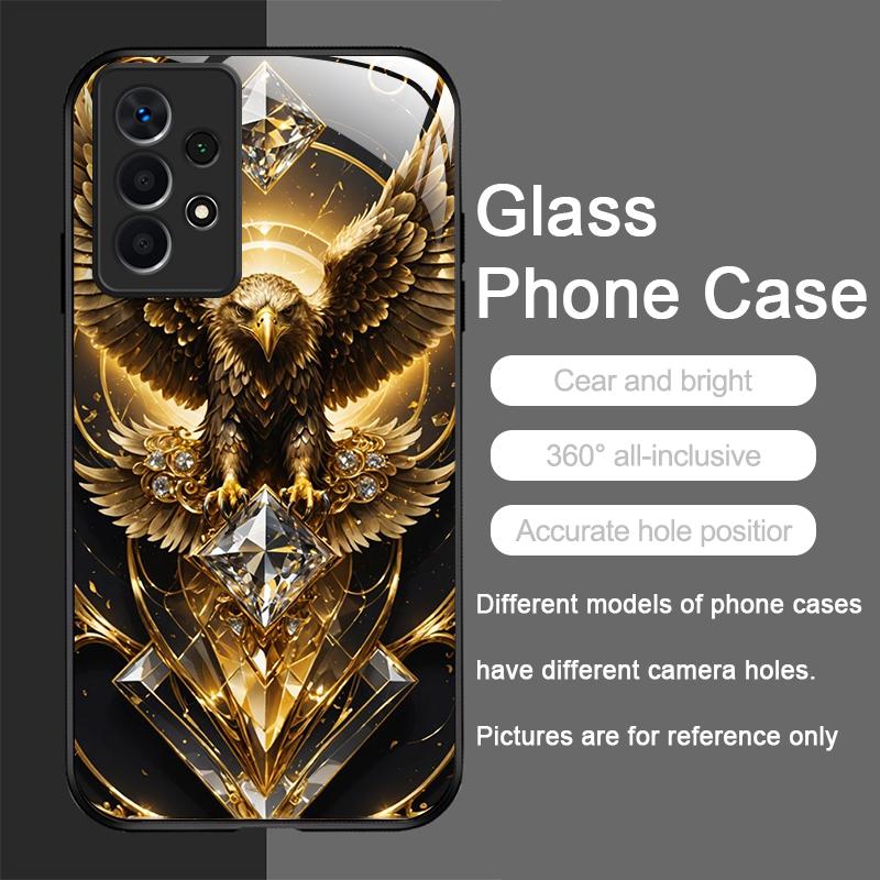 Stylish Eagle Golden Diamond Pattern Tempered Glass Phone Case for Samsung Galaxy A56 A55 A54 A53 A52 A36 A14 A15 5G Back Cover