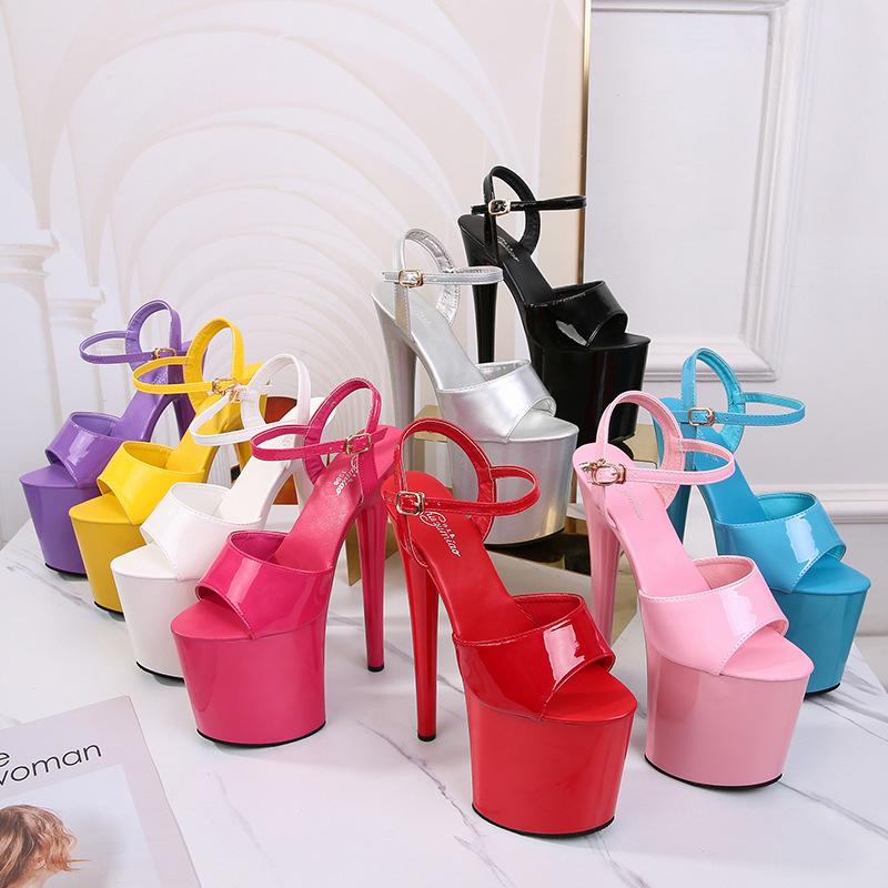 Women's 20CM Ultra High Patent Leather Stiletto Sandals - Extreme Thin Heels Sexy Waterproof Party Shoes for Summer Nightclub & Evening Wear