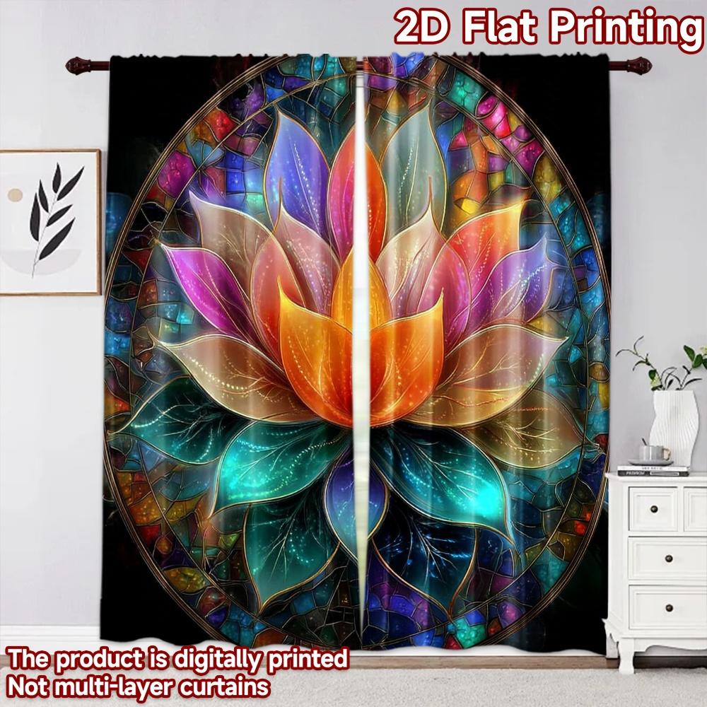 2D Flat Printing 2pcs Curtain Window Drapes Colorful Lotus Blossom Digital Printed Polyester Drapes Family Party Decoration