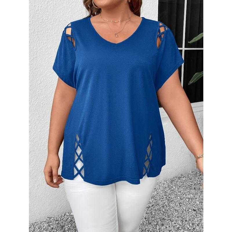 Solid Color Short Sleeve Cross Strap Detail Fashion Elegant Plus Size Women's Tops T-Shirt