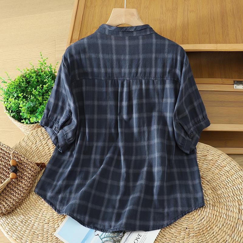 DIMANAF 2026 Plus Size Summer Women Blouse Shirts Tunic Oversize Loose Casual Cotton Lady Tops Vintage Plaid