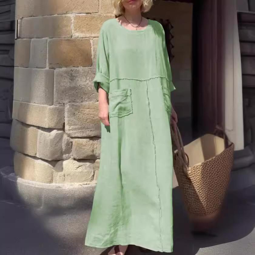 Women's Solid Color Casual Dress with Long Sleeves and Round Neck Pleated with Double Side Pockets Long Loose Dress