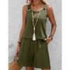 Western Spring Summer Fall New Solid Color Craft Fabric Double Pocket Sleeveless Top and Shorts, Vacation Style Elegant Casual Set