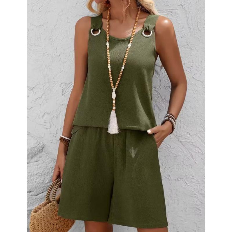 Western Spring Summer Fall New Solid Color Craft Fabric Double Pocket Sleeveless Top and Shorts, Vacation Style Elegant Casual Set