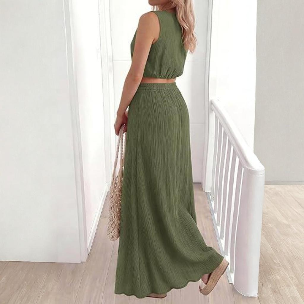 Women’s Sleeveless Crop Top and Long Skirt Set with Drawstring Waist and Pockets Casual Loose Fit Two Piece Outfit