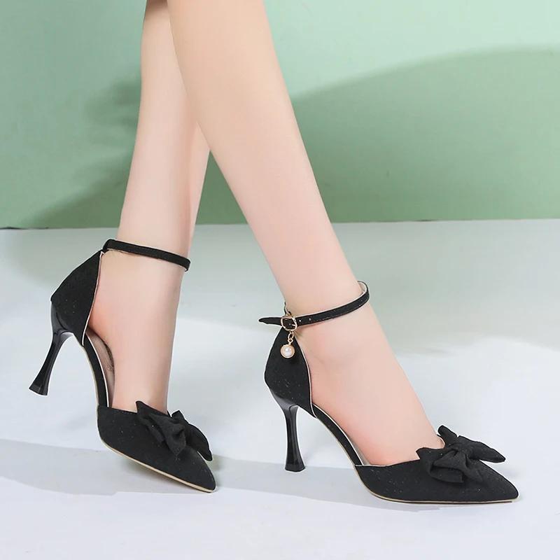 Fashion 2024 Summer Sandals Woman New Slim Heel Shoes with One Line Buckle Hollow Pointed High Heels Fashion Bow Women's Shoes
