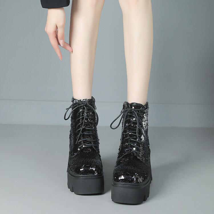 Women Silver Sequins Boots Chunky High Heels Lace-up Glitter Green Platform Goth Boots Woman Square Toe Shoes Size 43