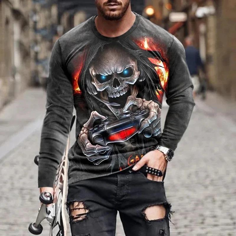 Men's Skull Graphic T-Shirts long Sleeve Skeleton 3D Print Street man t shirt autumn O-Neck Casual Y2k Top oversize Men clothing
