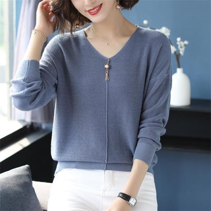 V-neck Sweater Loose Autumn Clothes Spring and Autumn Knitwear Short Bottom Shirt with Long Sleeve Top for Women