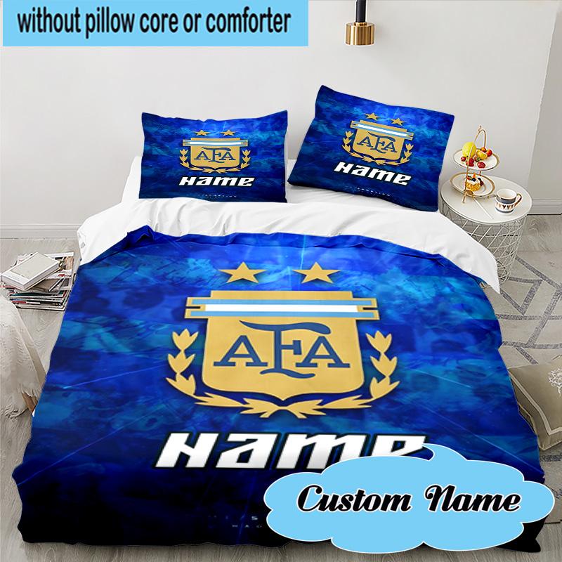 3PCS Custom Name Argen-tina Football Crest Bedding Set, Including 1pc Duvet Cover And 2pcs Pillowcases, Suitable for Dorms and Bedrooms Gift