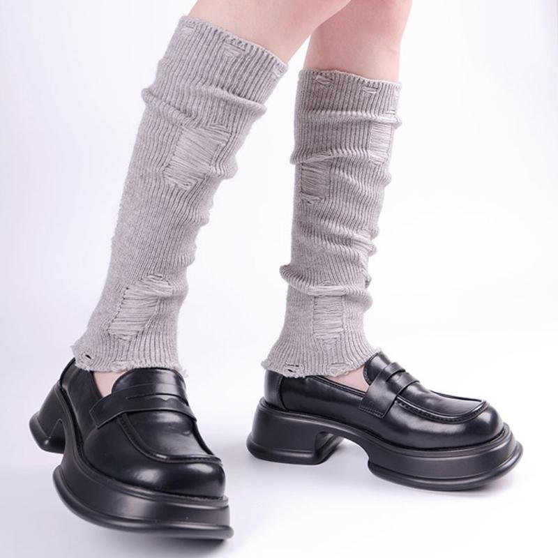 Ribbed Knitted Leg Warmers Y2K Harajuku Hollow Distressed Ripped Solid Color Leg Covers Stretchy Long Socks for Women