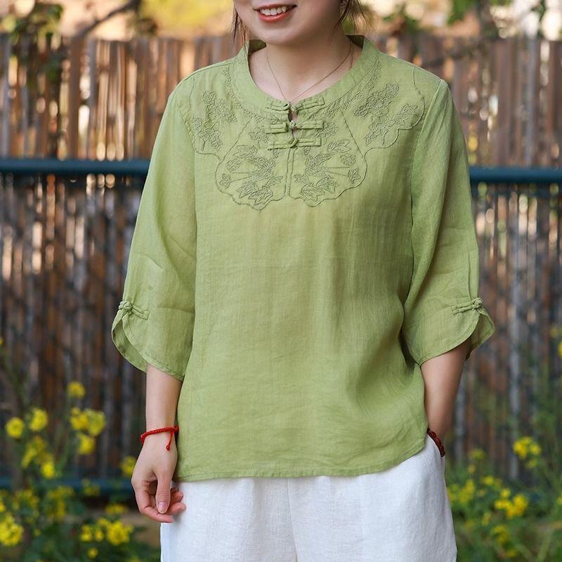 Vintage Art Style T Shirt For Women With Embroidery Summer Casual Wear