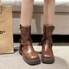 Women's Boots Half High Square Toe Footwear Brown Biker Shoes For Woman Mid Calf Middle Heel Comfortable And Low Price Pu Goth