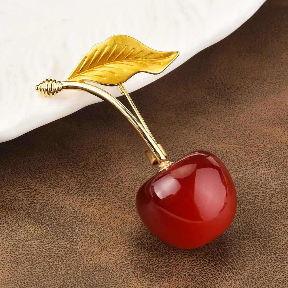 Fruit Cherry Brooch For Women With Artificial Crystal And Goldplated Leaf Design Fashion Accessory