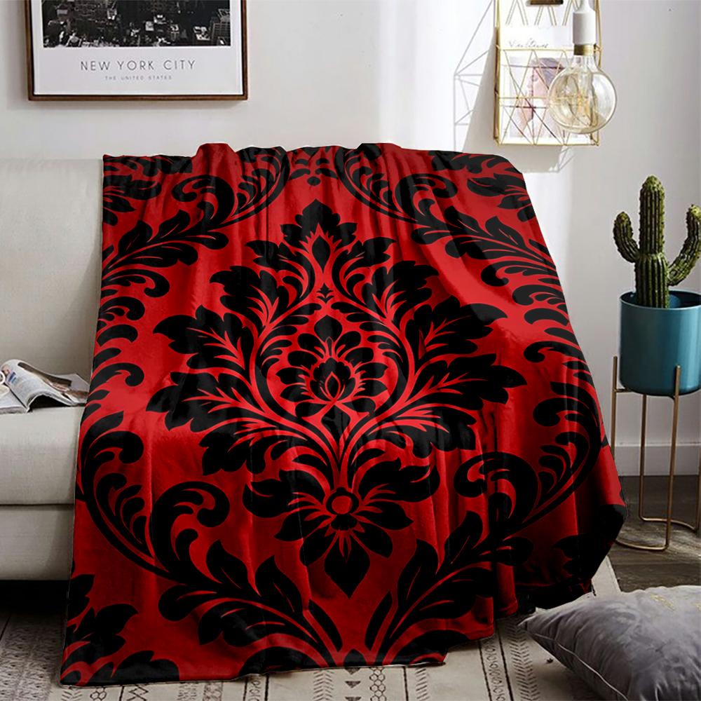 Luxury Red blanket with Black Floral Damask Pattern for blanket, suitable for use in the bedroom, living room, on the sofa