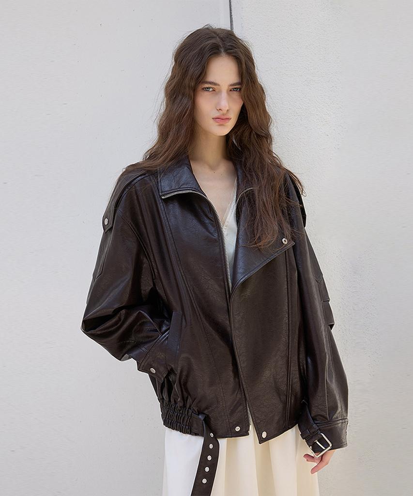 Q'Srb Trim Oversized Leather Jacket - Brown
