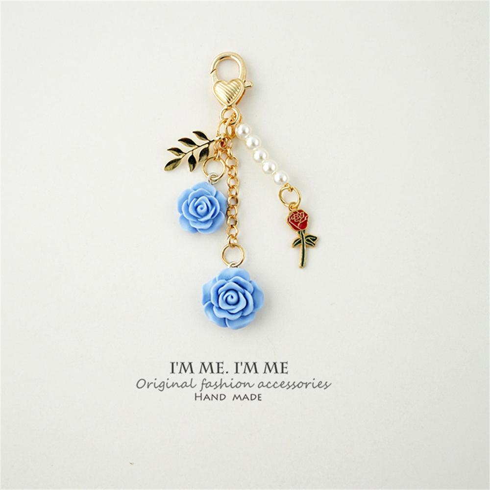 Ins 3D Rose Resin Camellia Pendant Key Chain Pearl Alloy for Women Car Key Holder Earphone Case Handbag Accessories