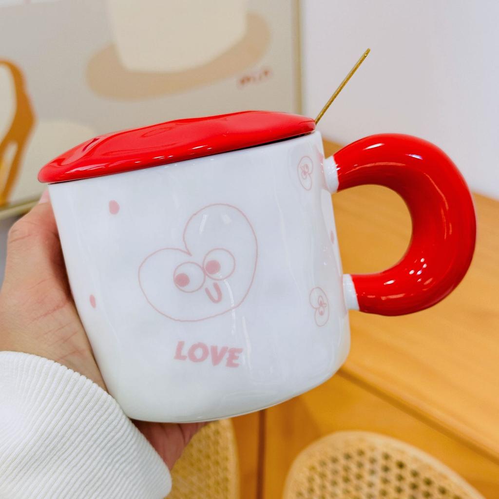 Kreative Neujahrs-Festbecher für Jungen und Mädchen, Keramiktasse mit Deckel und Löffel, süße Mädchentasse