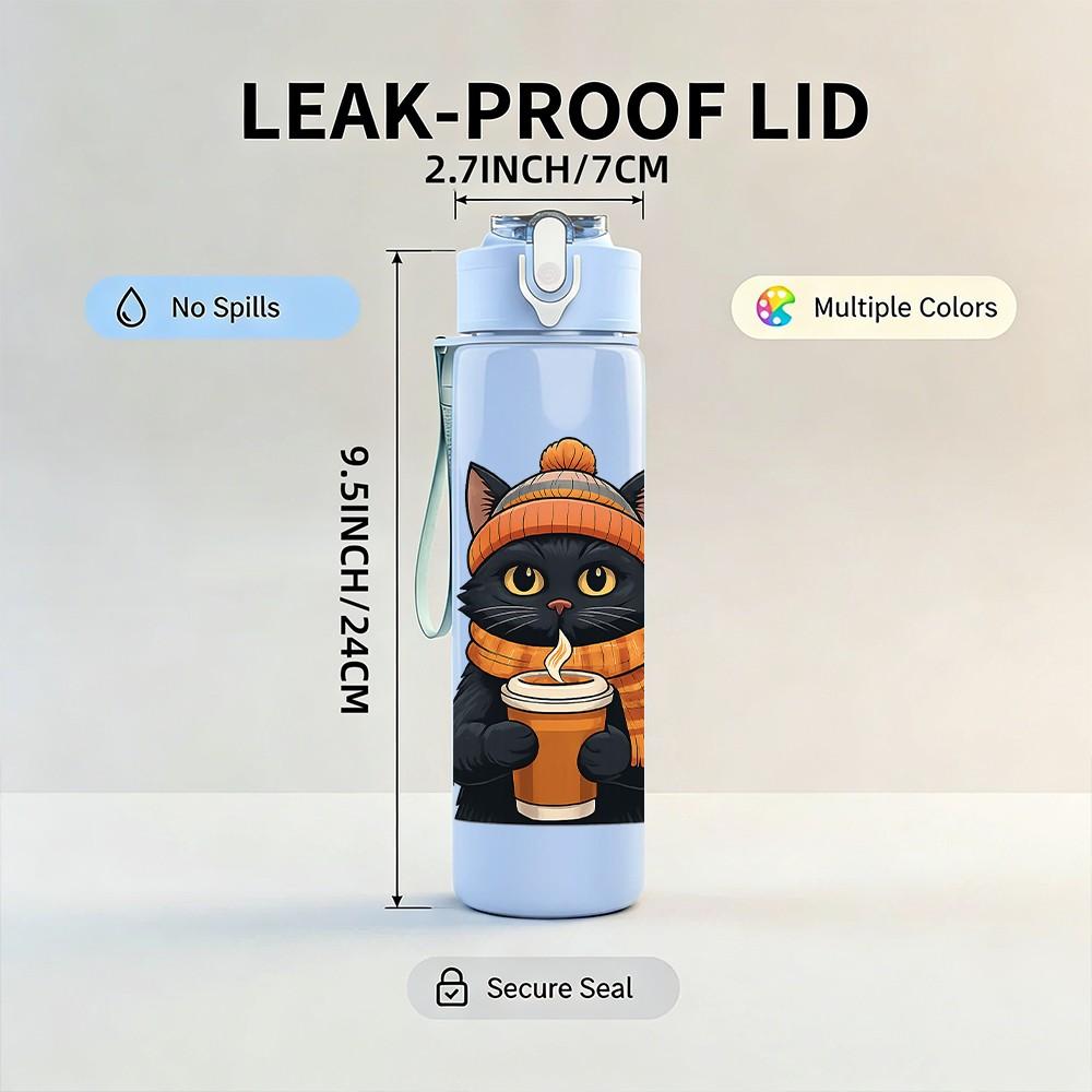 1PC Autumn Black Cat With Coffee 750ml Color Plastic Sports Water Bottle Leakproof Flip Straw Lid Suitable for Sports Office Home Use