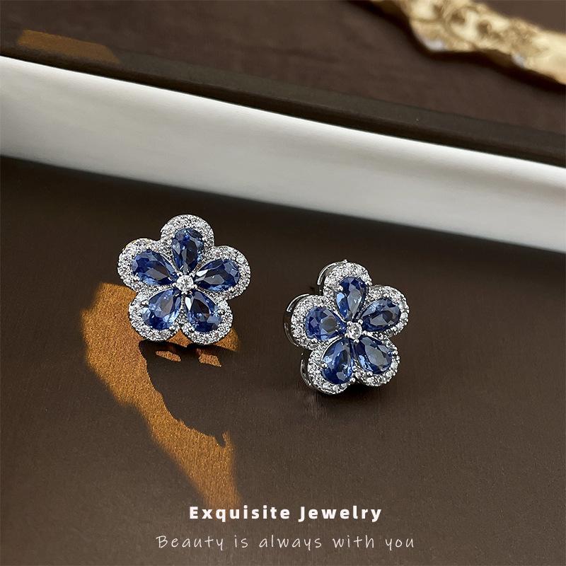 Retro Blue Zircon Flower Silver Needle Stud Earrings Personalized Exquisite Earrings