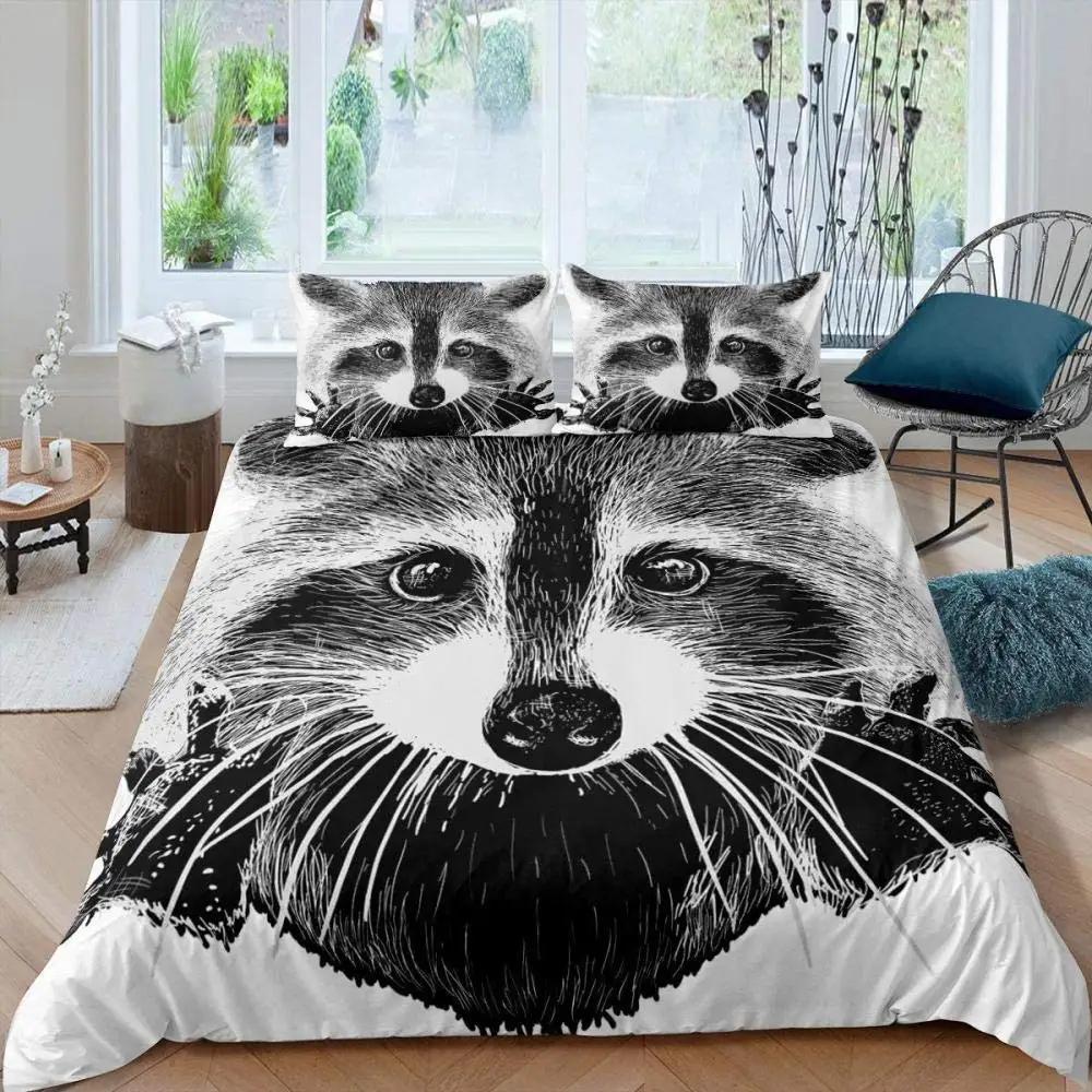 Waschbär-Bettbezug-Set, süßes Tiermotiv, Bettwäsche-Set, Natur, Eule, Bettbezug, Wildlife-Stil, King-Size-Polyester-Bettbezug