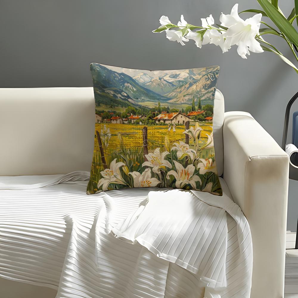 Landscape Painting Style Pillow Case Natural Linen Organic Fabric DoubleSided Printing Sofa Home Decor Cushion Cover