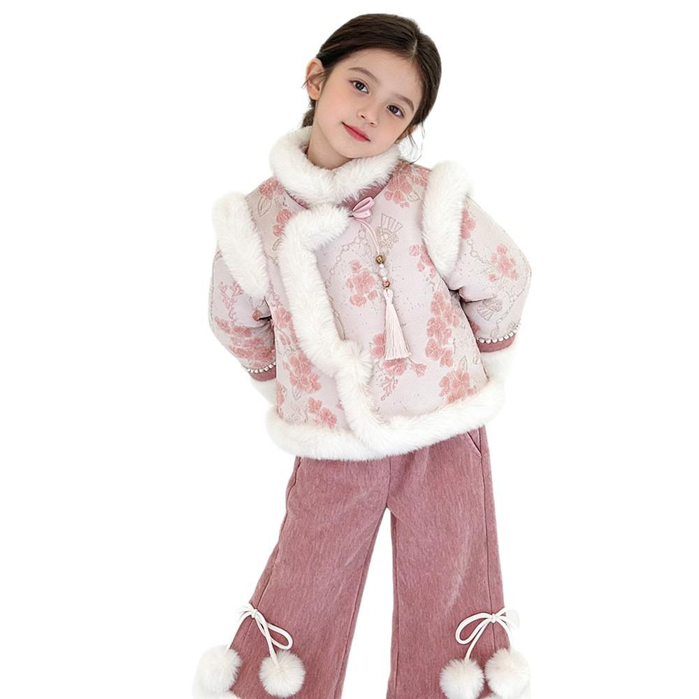 Zweiteiliges Set für Mädchen im chinesischen Stil mit Pelzbesatz für den Winter: Samt-Oberteil und Hose
