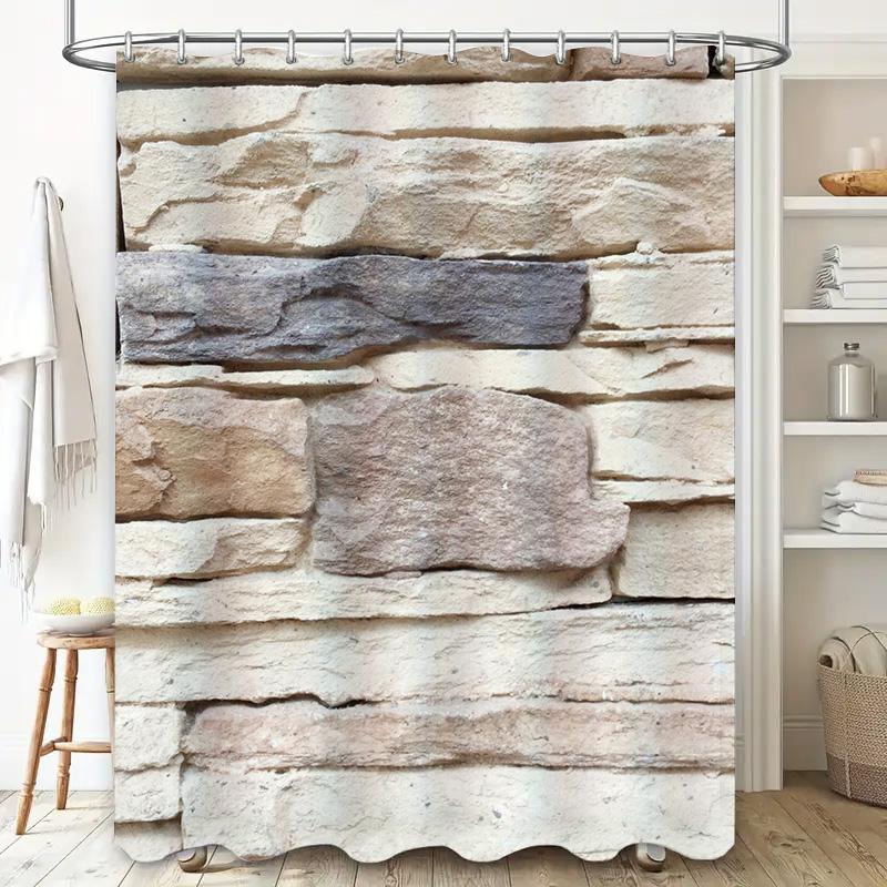 Stone Wall Print Shower Curtain Waterproof Bathroom Decor Waterproof Fabric Decorative Bath Mat Set Home Decor (White)