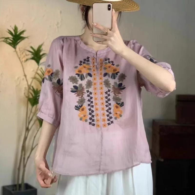 Johnature Damen Vintage Stickerei Floral Shirts Tops O-Ausschnitt Halbarm Kleidung Sommer Damenhemden