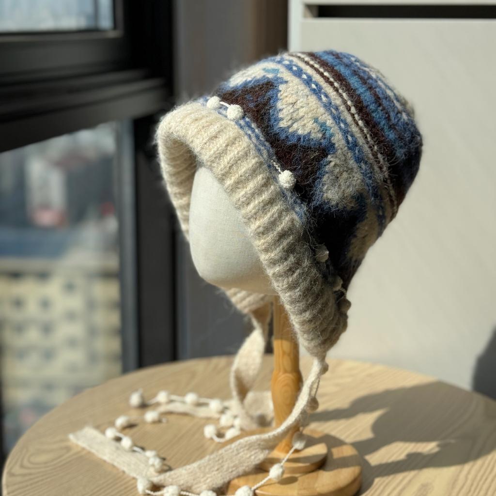 Neue Fair Isle Strickmütze Damen Herbst und Winter Warm Sturmhaube Verdickt Ohrenschutz Baotou Mütze