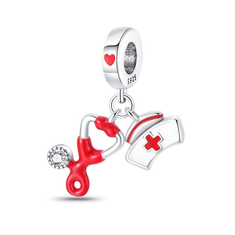 100% 925 Silver Red Heart Shaped Nurse Medicine Box Stethoscope Charms Beads Fit Qikaola Original Bracelets DIY Jewelry