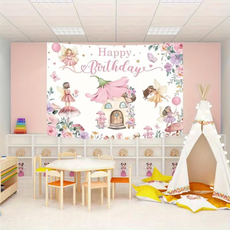 2D Magical Fairy Birthday Tapestry, Floral Mushroom Wall Decor for First Birthday Party