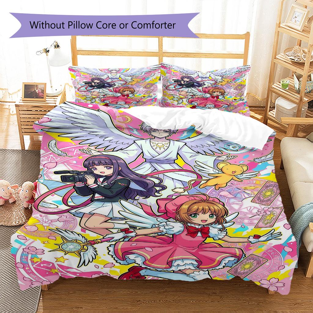 Cardcaptor Sakura Pattern Bedding Set Quilt Cover Pillowcase Home Decor Gift (1 * Duvet Cover + 2 * Pillowcase, Without Core)